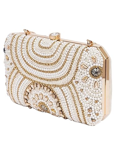 FABBHUE Women's White & Gold Beaded Hand Embroidered Party/wedding/Ethnic Box Clutch Bag Frame Purse with shoulder chain strap