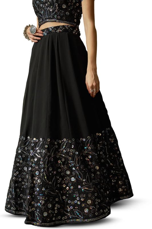Soch Womens Black Georgette Botanical Pattern Sequin Embellished Unstitched Lehenga Set