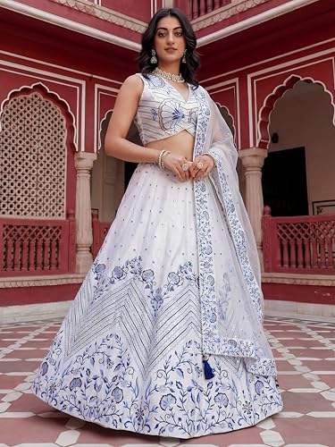 Zeel Clothing Women's Sequins Thread Embroidered Satin Designer Lehenga Choli With Dupatta (7079-White-Women-Lehenga-Choli-Set; Free Size)