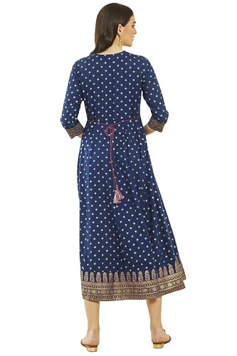 Soch Womens Blue Rayon Floral Embroidered Dress Kurta with Waist Tie-Up