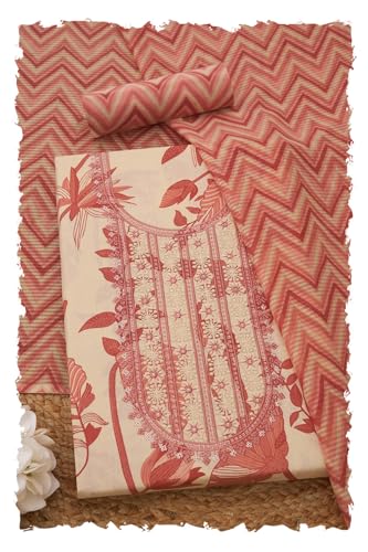 Soch Womens Peach Cotton Botanical Print Unstitch Dress Material With Sequins