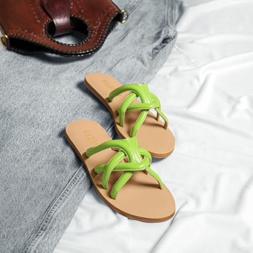 Indifeet Flats for Women Women's Latest Flat Chappals Sandals Woman Stylish Footwear Chappal Sandal Ladies Fancy Design Slippers Female Open Toe Trendy Foot Wear Girls Best Strap Slipper Green