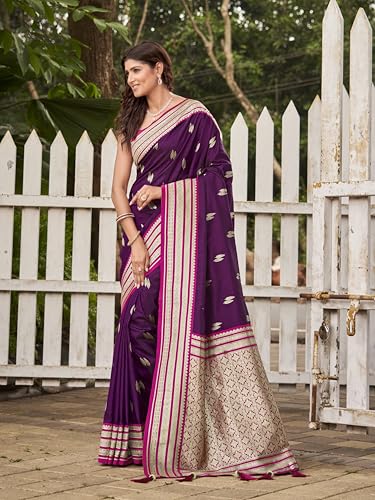 MANOHARI Women's Most Trendy Banarasi Satin Silk Woven Magenta Flower Pattern Saree With Heavy Jacquard Work Saree With Blouse Piece_MN2037