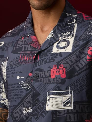 The Souled Store Stranger Things: The Other Side Men and Boys Short Sleeve Cuban Collar Dark Blue Graphic Printed ViscoseTrendy Regular Fit Casual Holiday Shirts