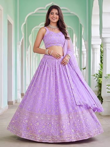 Zeel Clothing Women's Zari and Sequins Embroidered Georgette Lehenga Choli With Dupatta (5058-Lavender-Women-Latest-Lehenga-Choli, Free size)