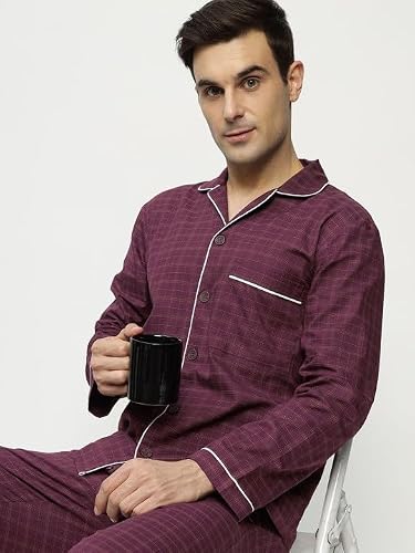 Hancock Men Cotton Checked Night Suit Burgundy Size L