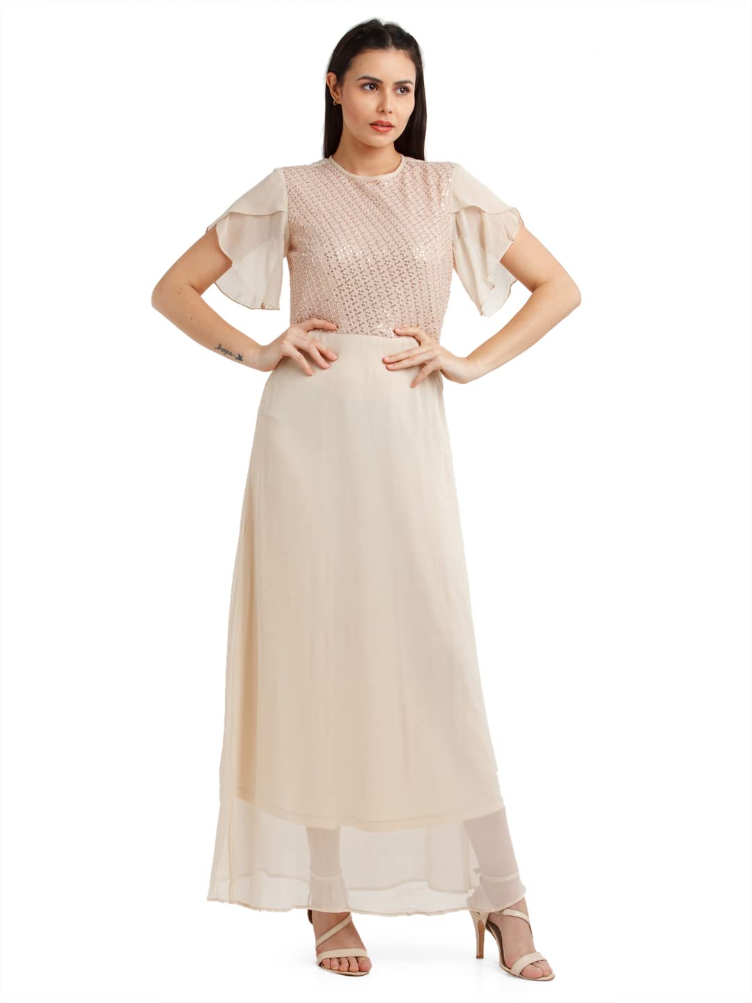 Zink London Women's Beige Embellished Flared Sleeve Maxi Dress