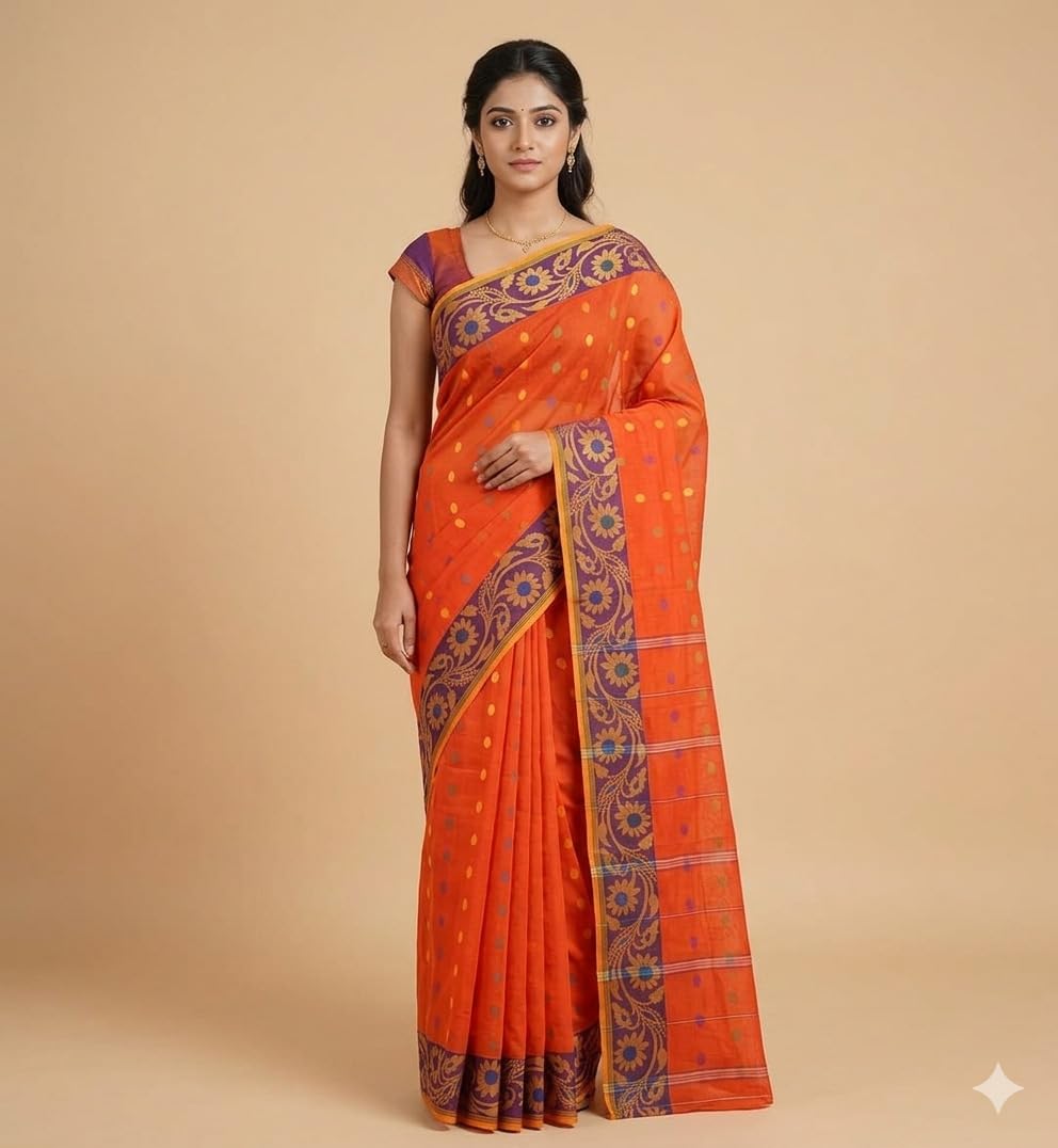 eC ESHA'S COLLECTION Women's Traditional Pure Cotton Temple Par Tant Saree Without Blouse Piece (Saffron)