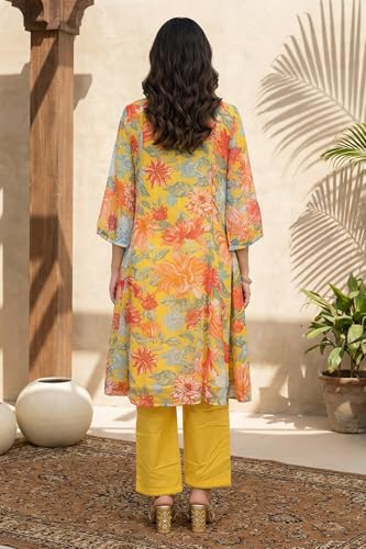 W for Woman Yellow Floral Printed Chiffon Straight Kurta with Pants and Dupatta Set - (WS13922-126973-XS)
