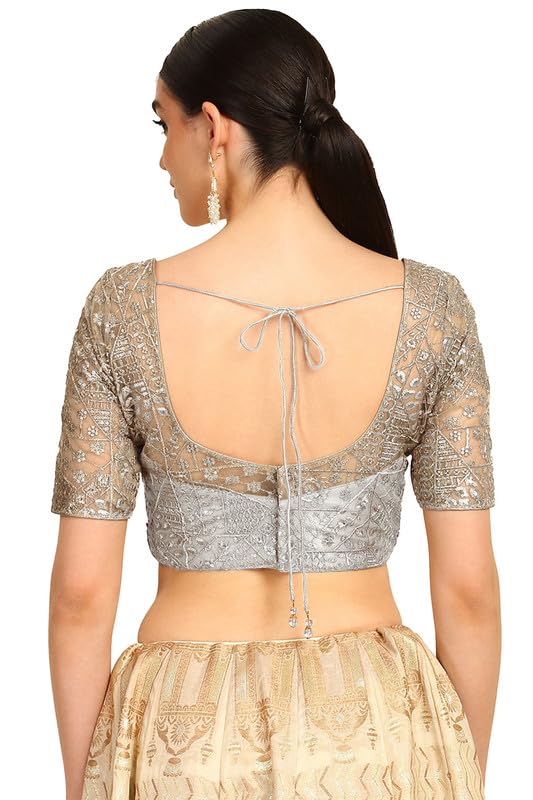 Soch Womens Silver Zari Embroidery Net Padded Blouse with Sequins