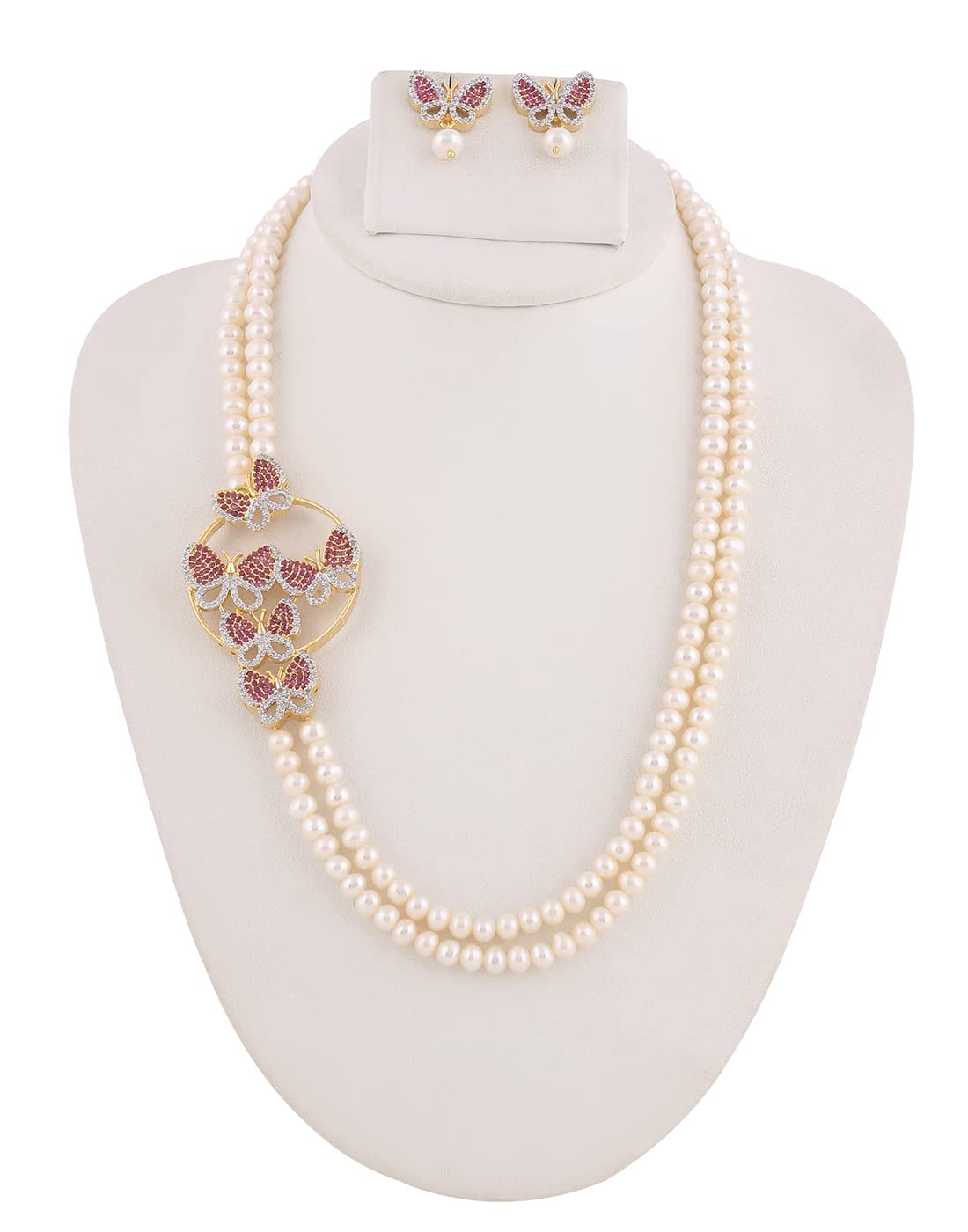 Natural Fresh Water Pearls Peacock Design Side Piece Necklace Set For Women Girls (Red)