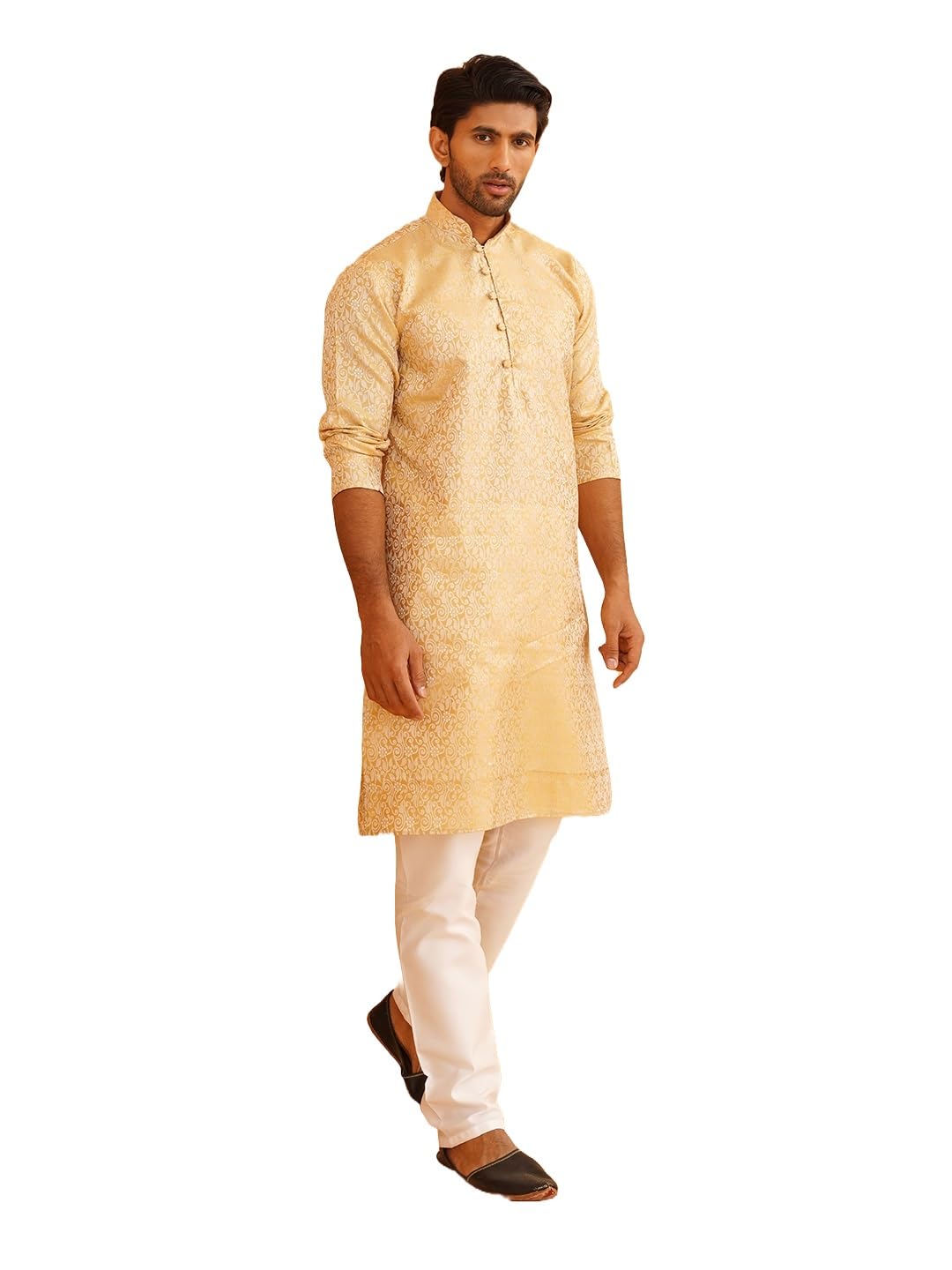 SOJANYA (Since 1958 Men's Silk Blend Gold Kurta & Off White Churidar Pyjama Set Size 44