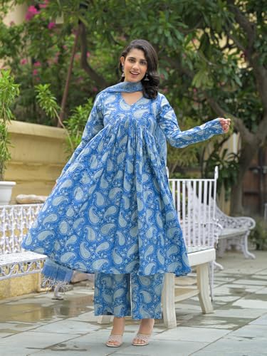Divena Blue Cotton Paisley Printed Kurta Pant Set With Dupatta