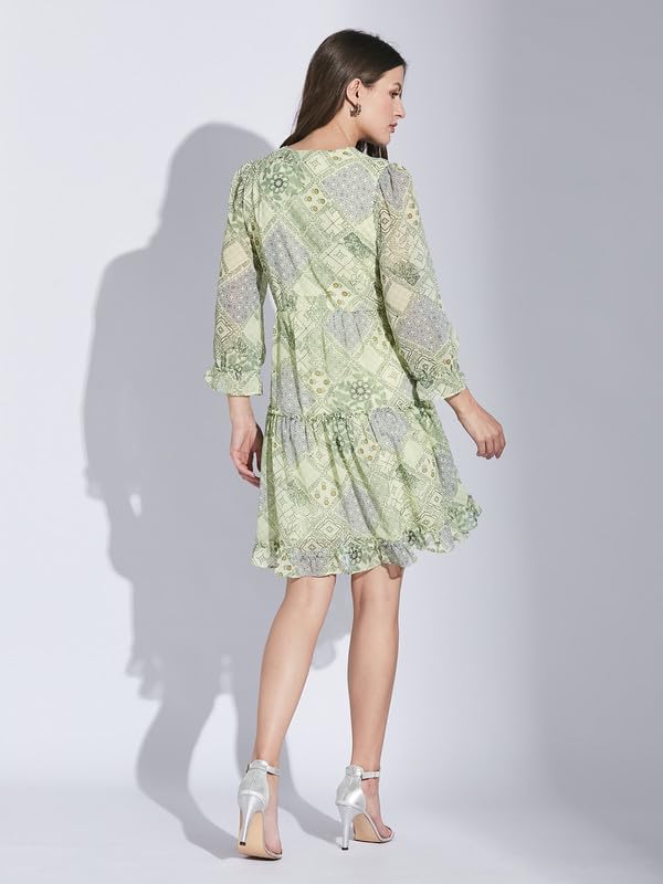 Latin Quarters Women Green V-Neck 3/4 Sleeve Printed Dress_M