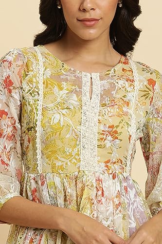 W for Woman Women's Polyester Multi-Coloured Breezy Sheer Printed Short Dress Calf Length 23AUW10126-120989_Multicolor