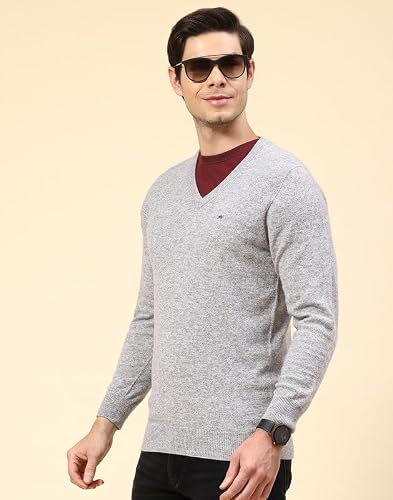 Monte Carlo Lt Grey Mix Solid V Neck Pullover | Warm Woolen Pullover for Men | Soft Comfortable Knitted Winter Wear Sweater for Men's