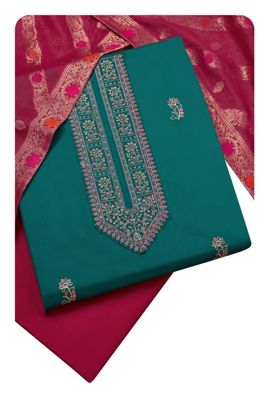 Soch Womens Turquoise Blue Cotton Blend Embroidered Unstitch Dress Material With Sequins