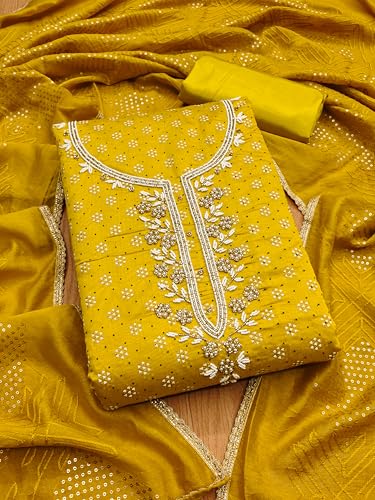 Leeli Peeri Designer Women's Chanderi Printed With Hand Embroidery Work Unstitched Salwar Suit Dress Material