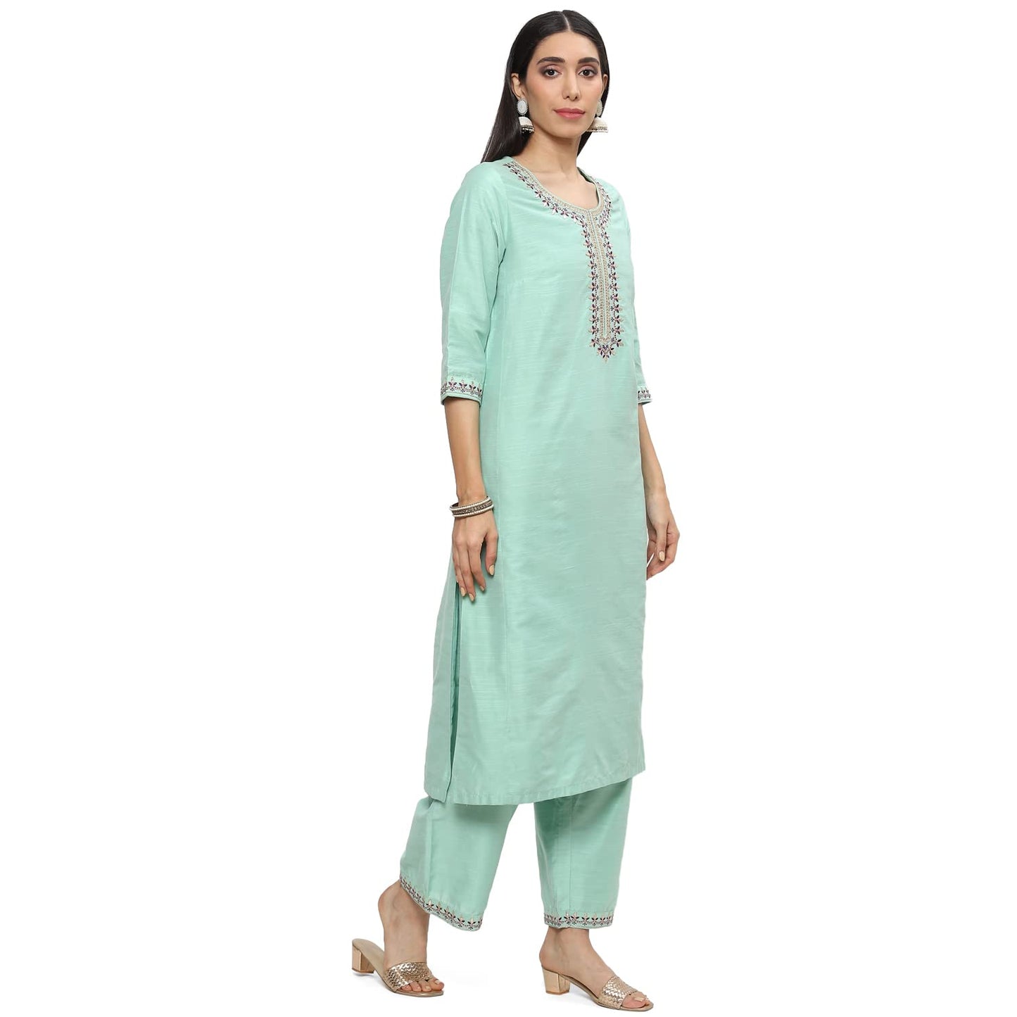 BIBA WOMEN YARNDYED RELAXED SALWAR KURTA DUPATTA(SKD8000_SEA GREEN_32)