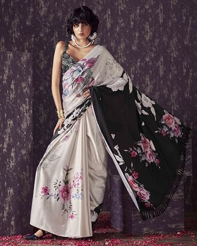 Womanista Women's Satin Two Way Floral Black Saree With Un-stitched blouse