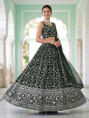Zeel Clothing Women's Zari and Sequins Embroidered Georgette Lehenga Choli With Dupatta (5058-Green-Women-Latest-Lehenga-Choli, Free size)