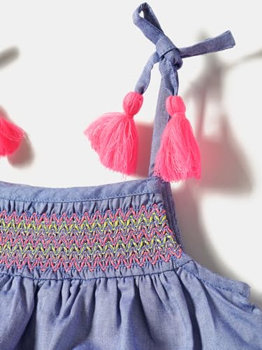 Nauti nati Baby Girls Blue Embroidered Layered Square Neck Smocking Pure Cotton Casual Dress Above The Knee NN321-016