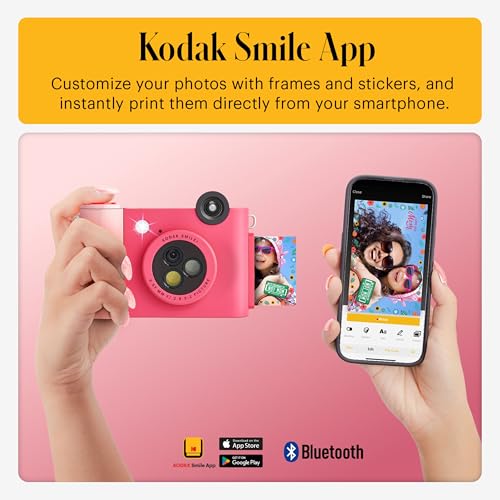 Kodak Smile+ 2-in-1 Digital Instant Print Camera & Printer Gift Bundle + Case + Zink 2x3 Sticky Back Photo Paper 20pk + Album + Sticker Sets + Sticker Frames + Hanging Frames + Markers - Fuchsia
