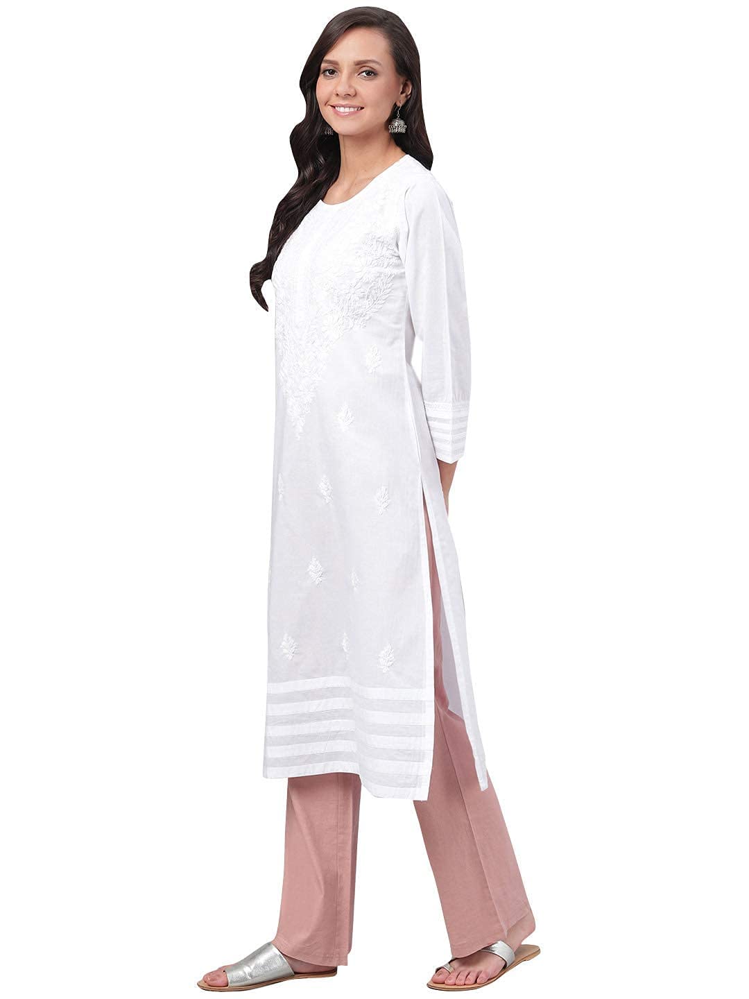 Ada Lucknowi Chikankari Hand Embroidered White Cotton Kurti Kurta for Women A149984 (XL)