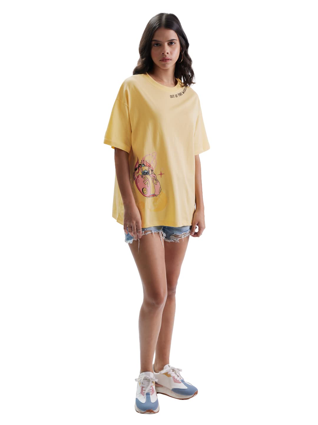The Souled Store Lilo & Stitch: Out of This World! Womens and Girls Oversized fit Graphic Printed Half Cotton Yellow Women Oversized T-Shirts (220442_L_Yellow) Oversized T Shirts for Women