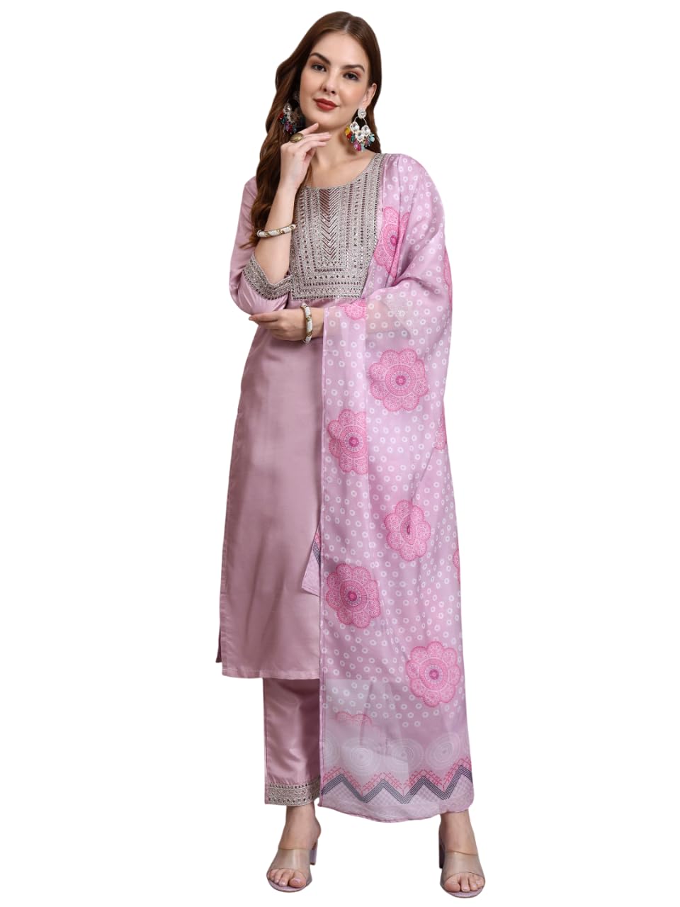 GALGOTO Women's Yellow Embroidered Kurta Pant with Organza Printed Dupatta Set, 3/4 Sleeve, Traditional Indian Ethnic Wear (IN, Alpha, S, Regular, Light Pink)