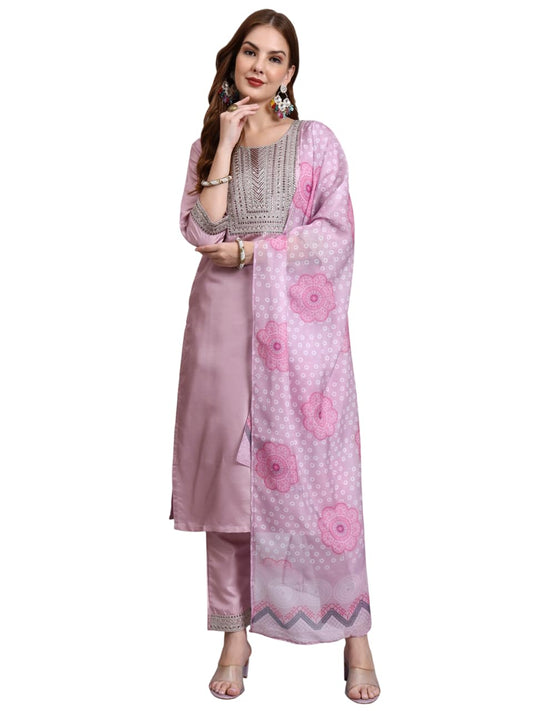 GALGOTO Women's Yellow Embroidered Kurta Pant with Organza Printed Dupatta Set, 3/4 Sleeve, Traditional Indian Ethnic Wear (IN, Alpha, S, Regular, Light Pink)