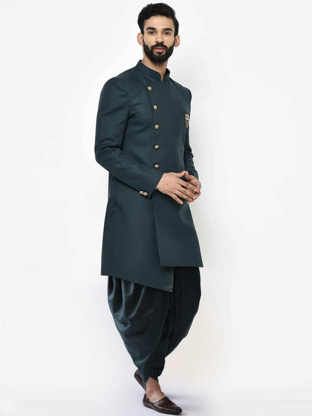 KISAH Men's Indo-Western Sherwani Dhoti Set, Green Cotton Blend, Solid Dyed Regular Fit Long Sleeves Mandarin Collar (42)