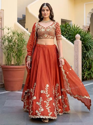 Zeel Clothing Women's Thread and Sequins Embroidered Work Silk Lehenga Choli With Dupatta (5135-Orange-Women-Lehenga-Choli-Latest; Free size) (Orange)