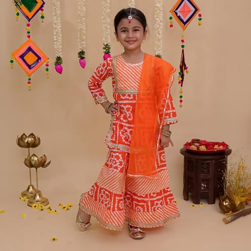 LITTLE GINNIE Cotton Kurta Sharara Set with Dupatta for Girls 1-2 Years - Ethnic Wear for Kids Girls - Orange