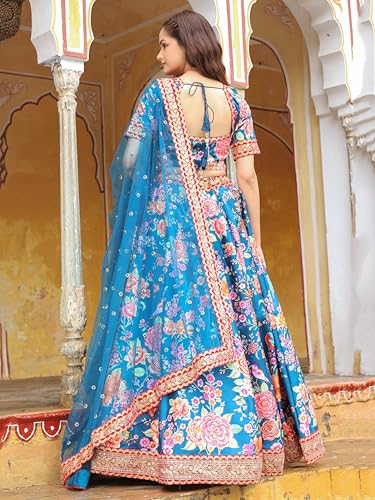 Zeel Clothing Women's Art Silk Digital Print With Dori, Sequins, And Stone Work Art Silk Semi Stitched Lehenga Choli With Dupatta (7515-Teal-Blue-Wedding-Floral-Lehenga-Choli; Free Size)