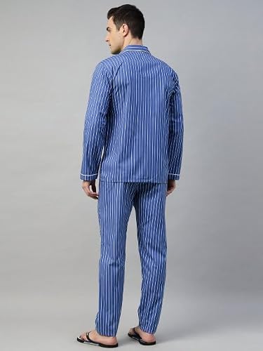 Hancock Men Cotton Printed Night Suit Blue & White Size L