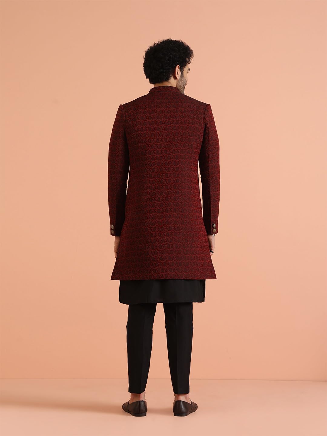 KISAH Sherwani Set for Men – Silk Blend Jacquard Indo Western Sherwani with Kurta and Trouser | Designer Ethnic Outfit for Weddings & Festivals, Maroon, 38