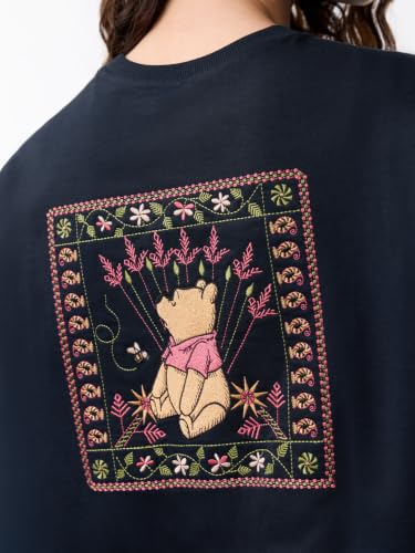 The Souled Store Winnie The Pooh: Peace: Women and Girls Short Sleeve Round Neck Black Embroidered Cotton Oversized Breathable Streetwear Casual Lounge Summer Drop Shoulder T-Shirts
