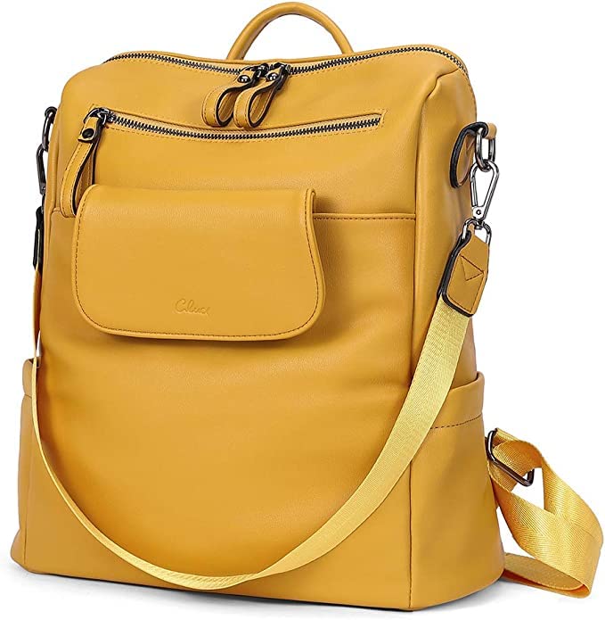 ProArch Medium 27L Large Fashion Convertible Anti-theft backpack Purse for Women Convertible Travel Vintage PU Leather Shoulder Backpack (Yellow)