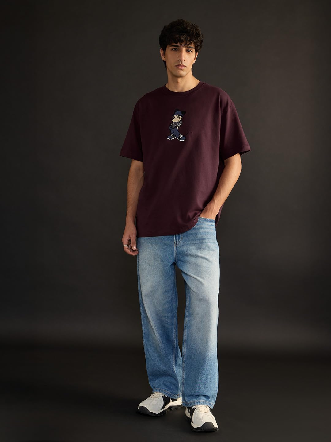 The Souled Store Mickey Mouse: Applique Mickey Men and Boys Short Sleeves Round Neck Red Embroidered Casual Streetwear Drop Shoulder Cotton Oversized T-Shirt