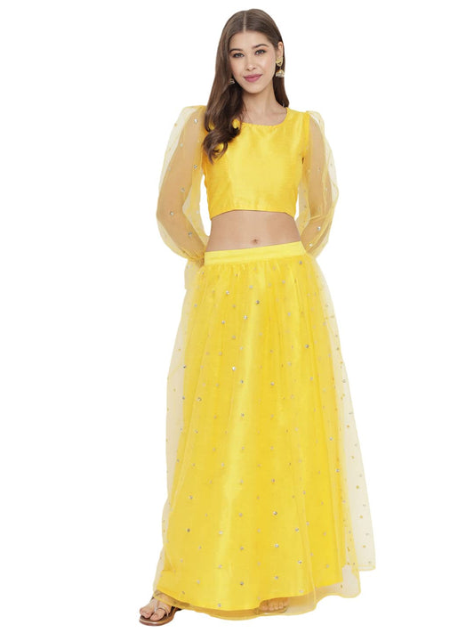studio rasa Women's Net Sequins Embroidered Gathered Lehenga Set for Wedding Festive Party (LHSC12201L_Yellow_Large)