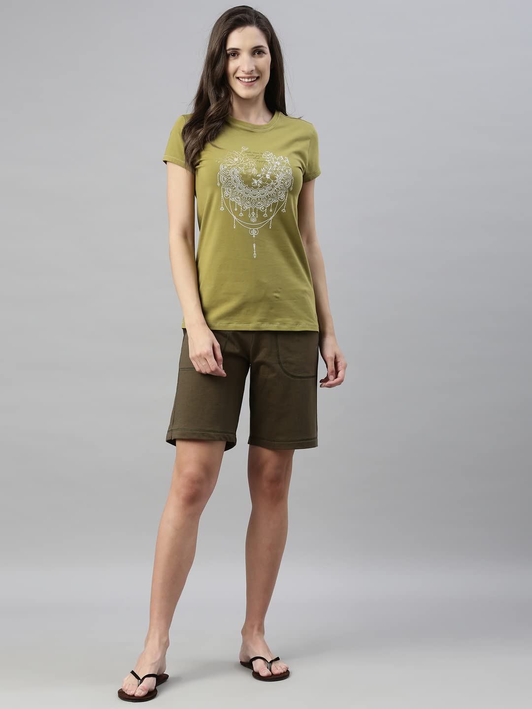Enamor Essentials Women's Mid Rise Relaxed Fit 100% Cotton Knee Length Shorts Bermuda with Elasticated Waistband and Pockets - E080(E080-Army Green -L)