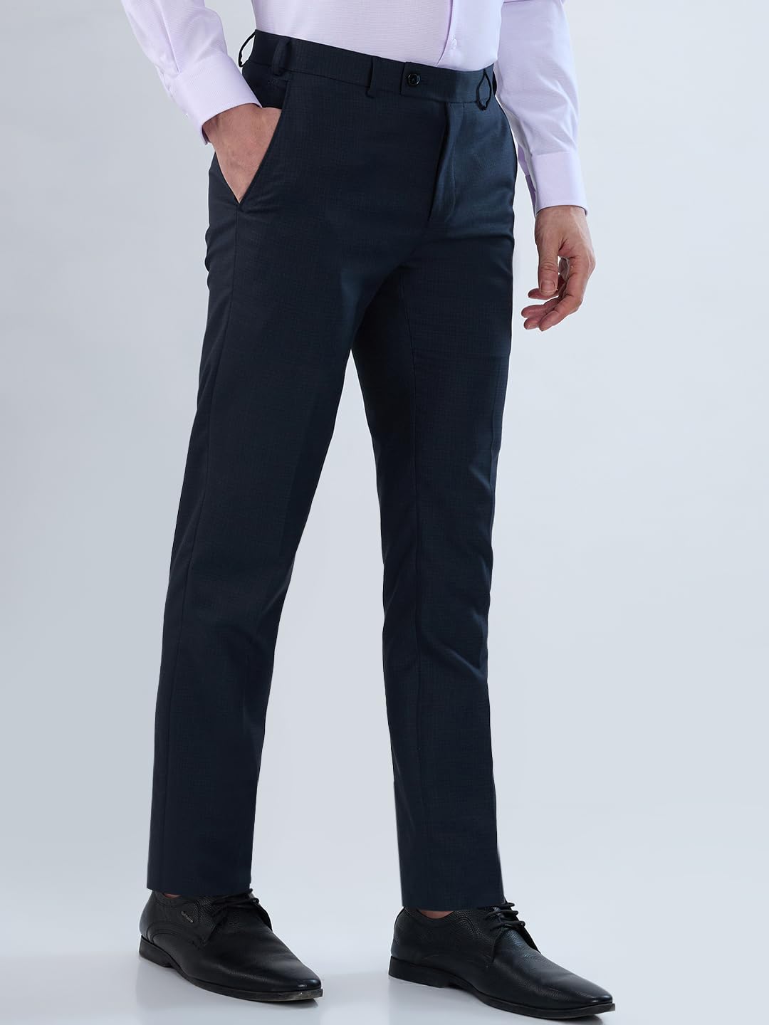 Raymond Men Slim Fit Checks Pattern Polyester Blend Flat Front Formal Trouser Dark Blue