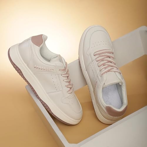 ROSEMEAD Women Casual Sneaker Shoes |Stylish and Comfortable Lace-Up Style Soft Cushioned Insole, Slip-Resistance (White-Peach) White-Peach_UK- 3