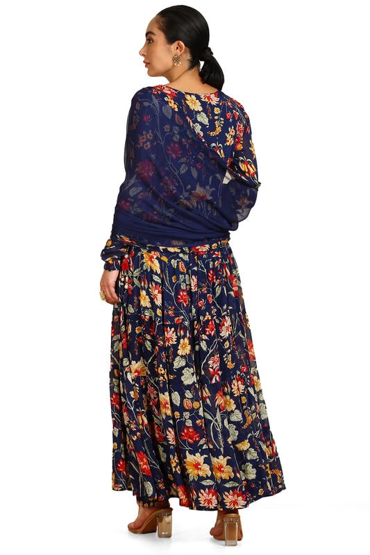 Soch Womens Blue Botanical Print Chinon Angrakha Suit Set with Dupatta