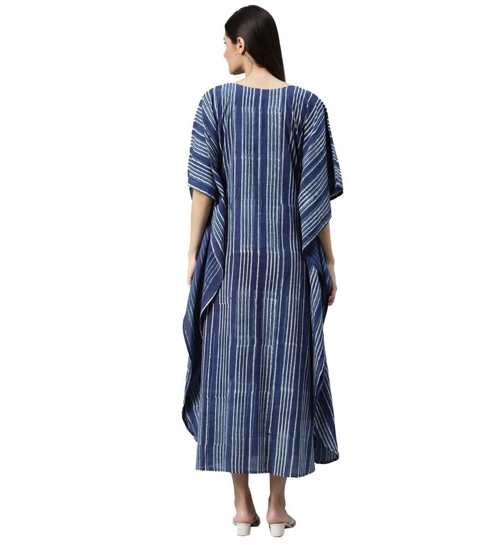 Divena Blue Hand Block Printed Striped Kaftan Dress