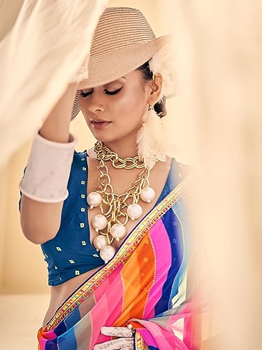 AKHILAM Women's Georgette Multicolored Embellished Designer Saree With Blouse Piece(SAWAN1004_SS)