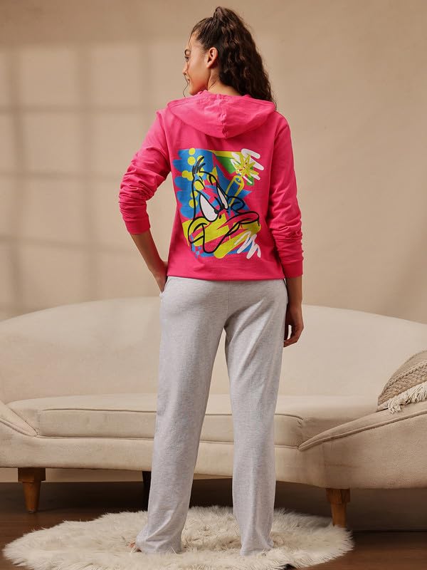 Clovia Women's Wintewear Terry Cotton Graphic Print Sweatshirt with Pyjama Set (COMLS0722_Pink & Grey_S)