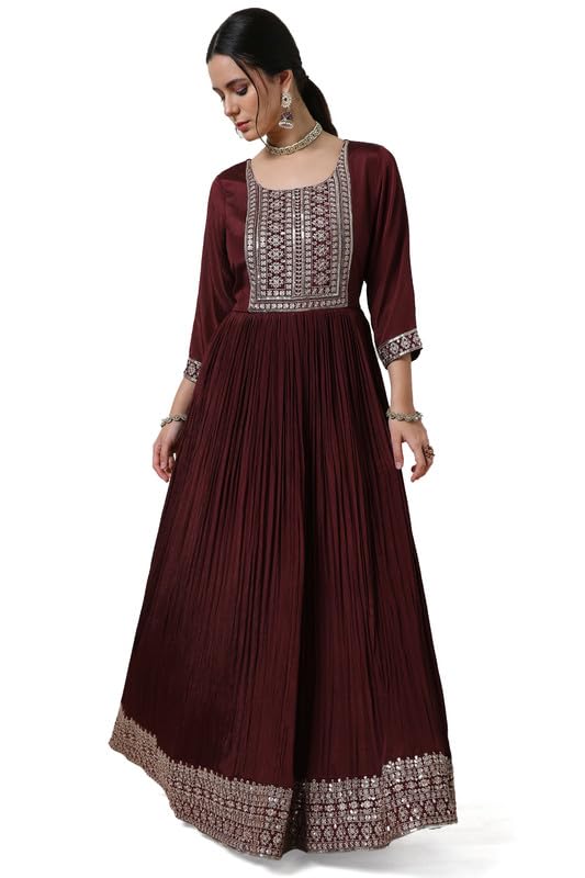 Soch Womens Maroon Embroidered Chinon Blend Gown with Sequins
