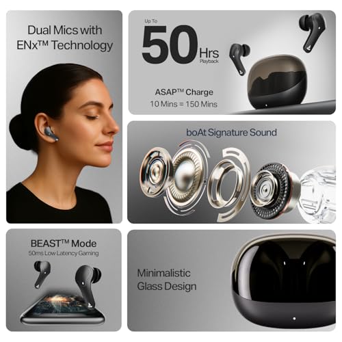 boAt Airdopes Plus 311, Glass Design, ENx Tech, Fast Charge, 50 Hrs Battery, Stream Ad Free Music via App Support Bluetooth Earbuds, TWS Ear Buds Wireless Earphones with mic (Charcoal Black)